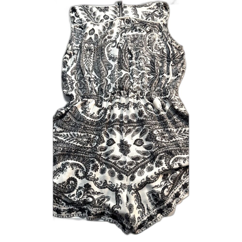 Lucky Brand Romper Womens M Black White Paisley Boho Elastic Waist Sleeveless